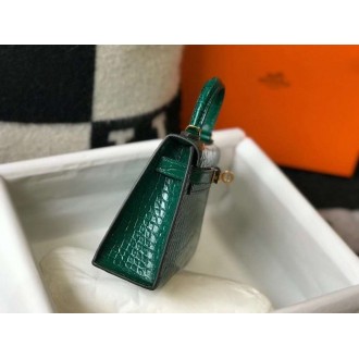 Hermes Kelly Mini II Bag In Green Embossed Crocodile Calfskin