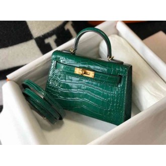 Hermes Kelly Mini II Bag In Green Embossed Crocodile Calfskin