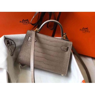 Hermes Kelly Mini II Bag In Grey Crocodile Embossed Leather
