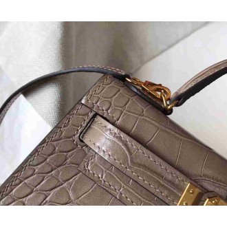 Hermes Kelly Mini II Bag In Grey Crocodile Embossed Leather