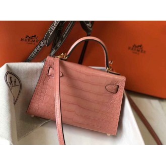 Hermes Kelly Mini II Bag In Pink Crocodile Embossed Leather