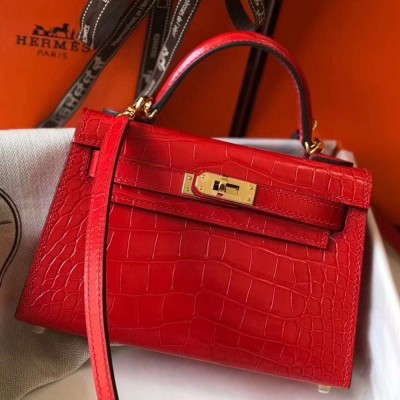 Hermes Kelly Mini II Bag In Red Crocodile Embossed Leather