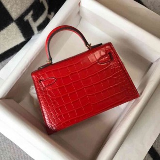 Hermes Kelly Mini II Bag In Red Embossed Crocodile Calfskin