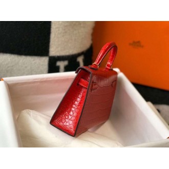 Hermes Kelly Mini II Bag In Red Embossed Crocodile Calfskin