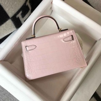 Hermes Kelly Mini II Bag In Rose Dragee Embossed Crocodile Calfskin