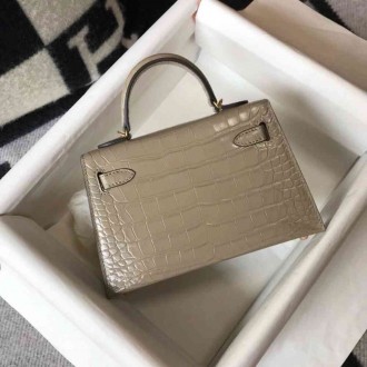 Hermes Kelly Mini II Bag In Taupe Embossed Crocodile Calfskin