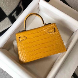 Hermes Kelly Mini II Bag In Yellow Embossed Crocodile Calfskin