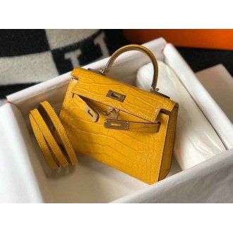 Hermes Kelly Mini II Bag In Yellow Embossed Crocodile Calfskin