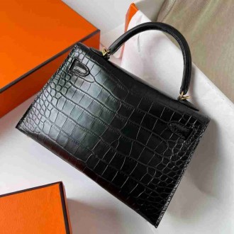 Hermes Kelly Mini II Sellier Handmade Bag in Black Matte Alligator Leather