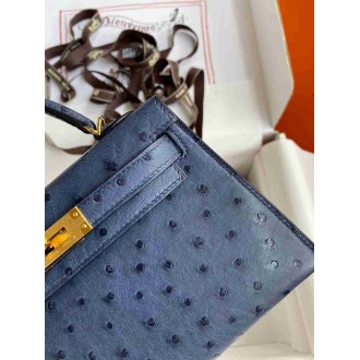 Hermes Kelly Mini II Sellier Handmade Bag in Blue de Malte Ostrich Leather