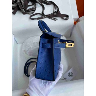 Hermes Kelly Mini II Sellier Handmade Bag in Blue Electric Ostrich Leather