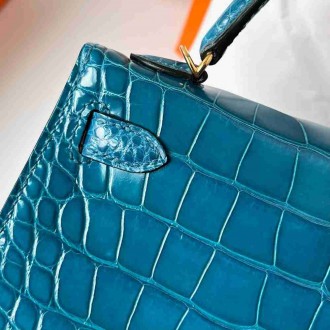 Hermes Kelly Mini II Sellier Handmade Bag in Blue Izmir Shiny Alligator Leather