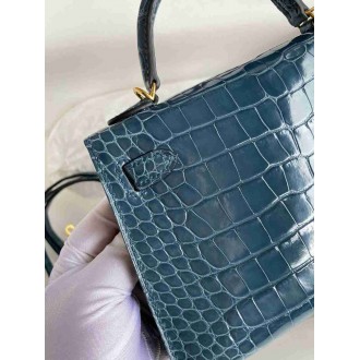 Hermes Kelly Mini II Sellier Handmade Bag In Blue Jean Shiny Alligator Leather