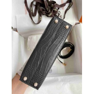 Hermes Kelly Mini II Sellier Handmade Bag In Graphite Matte Alligator Leather