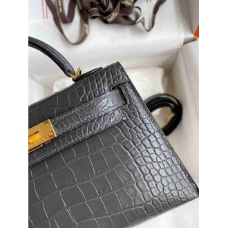 Hermes Kelly Mini II Sellier Handmade Bag In Graphite Matte Alligator Leather