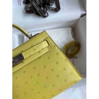 Hermes Kelly Mini II Sellier Handmade Bag In Lime Ostrich Leather