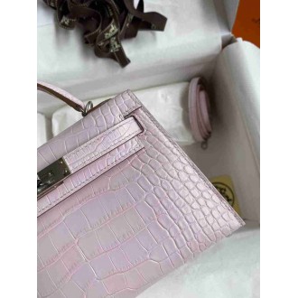 Hermes Kelly Mini II Sellier Handmade Bag In Mauve Pale Matte Alligator Leathe