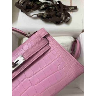 Hermes Kelly Mini II Sellier Handmade Bag In Mauve Sylvestre Matte Alligator Leather
