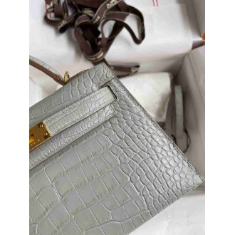 Hermes Kelly Mini II Sellier Handmade Bag In Pearl Grey Matte Alligator Leather