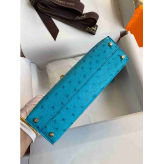 Hermes Kelly Mini II Sellier Handmade Bag in Turquoise Blue Ostrich Leather