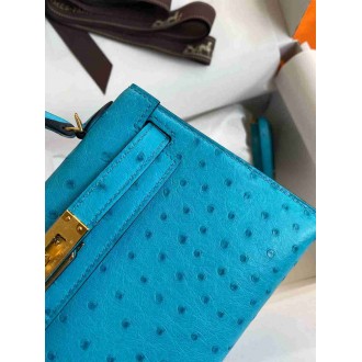 Hermes Kelly Mini II Sellier Handmade Bag in Turquoise Blue Ostrich Leather