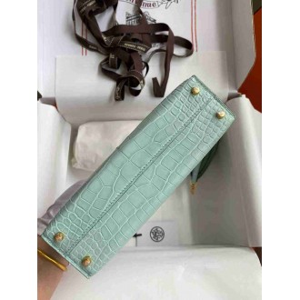 Hermes Kelly Mini II Sellier Handmade Bag In Vert D'eau Matte Alligator Leather