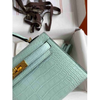 Hermes Kelly Mini II Sellier Handmade Bag In Vert D'eau Matte Alligator Leather