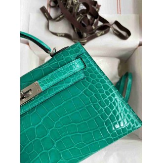 Hermes Kelly Mini II Sellier Handmade Bag In Vert Jude Shiny Alligator Leather