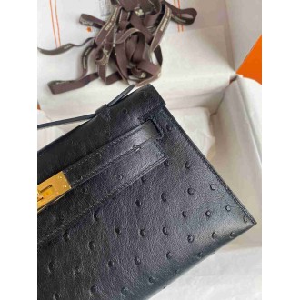 Hermes Kelly Pochette Handmade Bag in Black Cuite Ostrich Leather