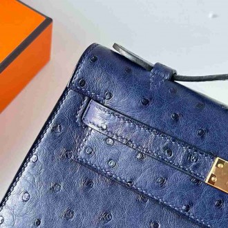 Hermes Kelly Pochette Handmade Bag in Blue de Malte Ostrich Leather
