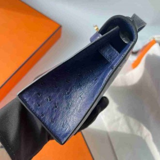 Hermes Kelly Pochette Handmade Bag in Blue de Malte Ostrich Leather