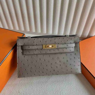 Hermes Kelly Pochette Handmade Bag in Gris Tourterelle Ostrich Leather