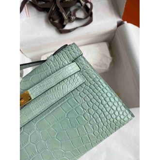 Hermes Kelly Pochette Handmade Bag In Vert D'eau Matte Alligator Leather