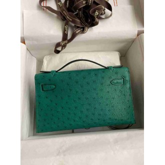 Hermes Kelly Pochette Handmade Bag in Vert Vertigo Bordeaux Ostrich Leather