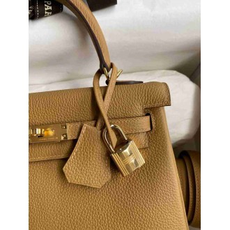 Hermes Kelly Retourne 25 Handmade Bag In Biscuit Clemence Leather