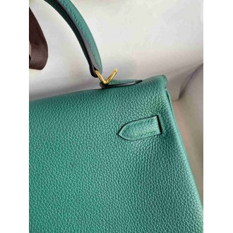 Hermes Kelly Retourne 25 Handmade Bag In Blue Paon Clemence Leather