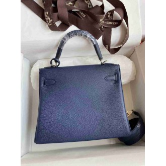 Hermes Kelly Retourne 25 Handmade Bag In Blue Saphir Clemence Leather