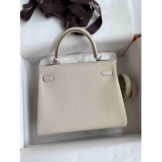 Hermes Kelly Retourne 25 Handmade Bag In Craie Clemence Leather