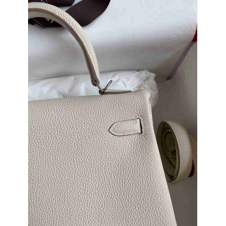 Hermes Kelly Retourne 25 Handmade Bag In Craie Clemence Leather