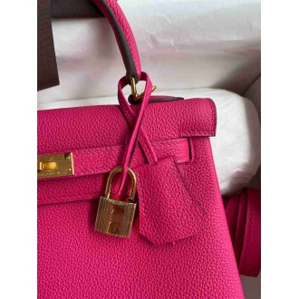 Hermes Kelly Retourne 25 Handmade Bag In Framboise Clemence Leather