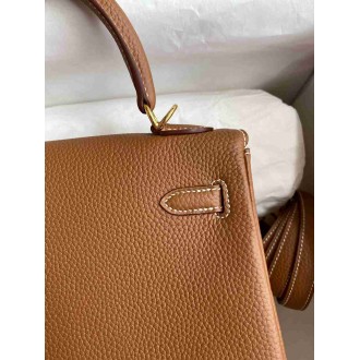 Hermes Kelly Retourne 25 Handmade Bag In Gold Clemence Leather