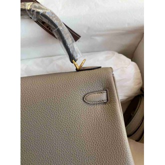 Hermes Kelly Retourne 25 Handmade Bag In Gris Meyer Clemence Leather