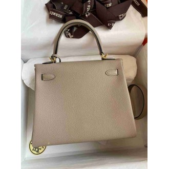 Hermes Kelly Retourne 25 Handmade Bag In Gris Tourterelle Clemence Leather