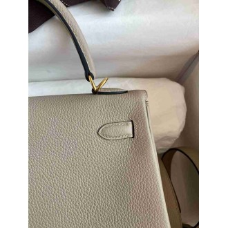 Hermes Kelly Retourne 25 Handmade Bag In Gris Tourterelle Clemence Leather