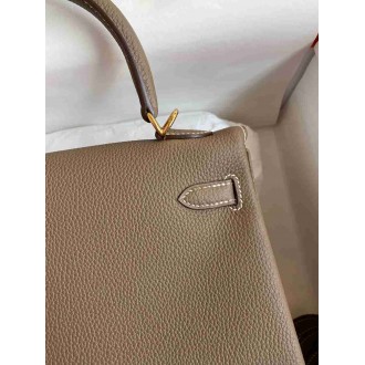 Hermes Kelly Retourne 25 Handmade Bag In Taupe Clemence Leather