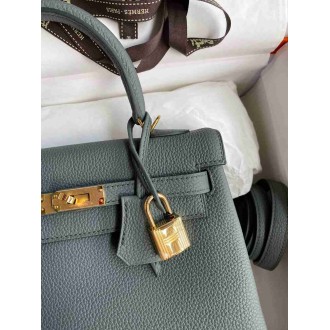 Hermes Kelly Retourne 25 Handmade Bag In Vert Amande Clemence Leather