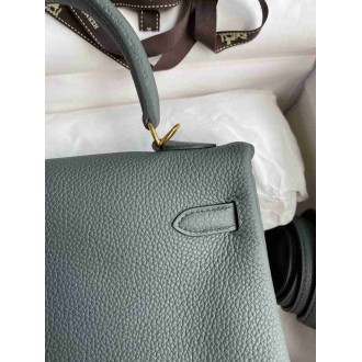 Hermes Kelly Retourne 25 Handmade Bag In Vert Amande Clemence Leather