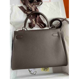 Hermes Kelly Retourne 32 Handmade Bag in Chocolat Clemence Leather