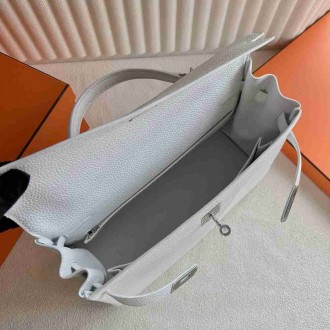 Hermes Kelly Retourne 35 Handmade Bag in White Clemence Leather