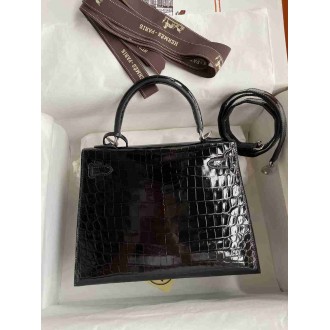 Hermes Kelly Sellier 25 Diamond Bag In Black Crocodile Niloticus Shiny Skin